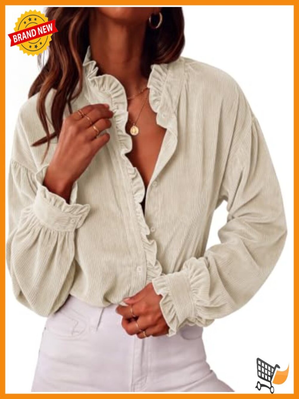 Corduroy Ruffle Button Down Blouse Long Sleeve Loose Fit Casual Top